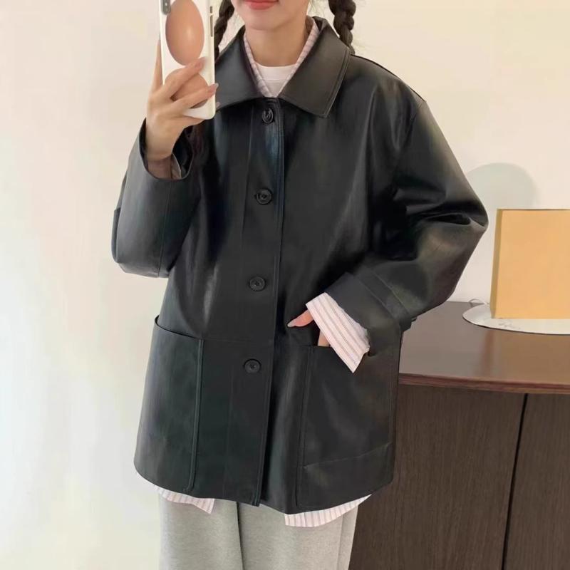 上衣 レディース アウター 翻襟 フェイクレザー 黒いこと ゆったり 通い 韓国 レトロ 流行り物系 秋冬