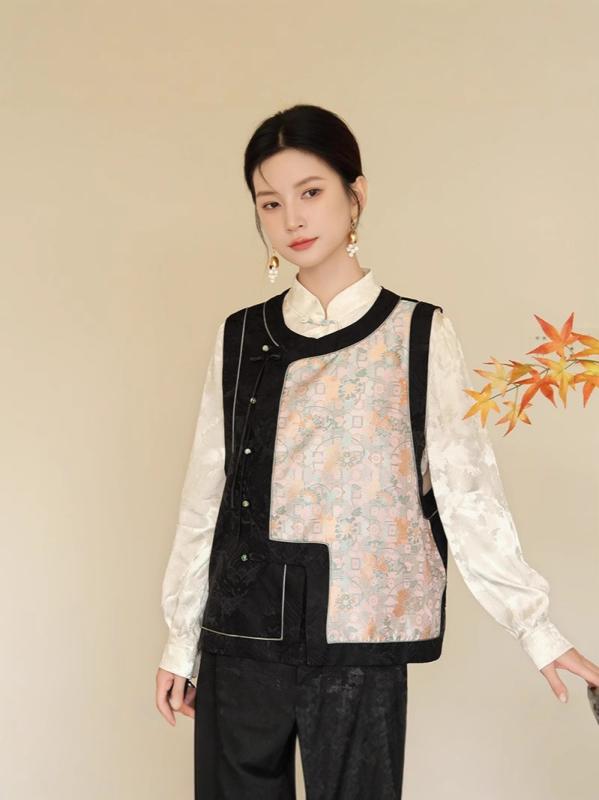 ティーシャツ レディース 秋冬 新中式 より良い トップ スコート セットアップ 綿 提花 唐装 漢服 禅意 茶服 黒いこと 黒 杏色