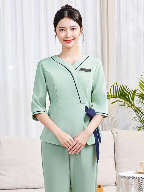 制服 レディース エステ サロン 美容院 スパ ウェルネス フットケア セラピスト 施術着 ワークウェア 豪華感 上品 エレガント セットアップ ポリエステル素材 ホワイト グリーン ネイビー｜オレンジアイランド