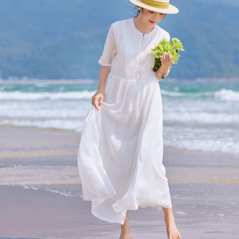 衣装 レディース 春夏 麻 筋目 二重 ビッグ太陽フレア ゆったり ラウンドのど首 五分袖 衣嚢 向こう正面名取り草 心地よい 旅する たまり場 普段使い走り 無地