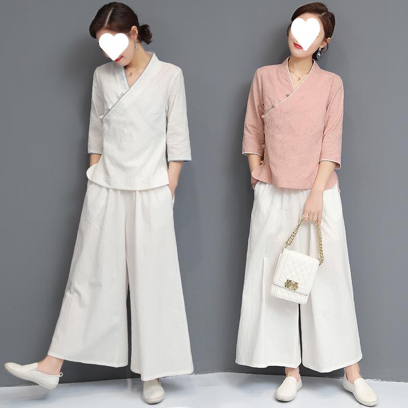 瑜伽御召しもの レディース 禅修 居士服 2点書き割り 綿 唐装 瀬戸もの風 紅茶御召しもの セットアップ 普段使い走り 伸び伸びする お座敷御召しもの S M L XL 2XL