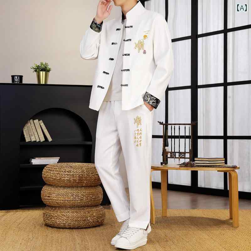 セットアップ メンズ 成人男性用 唐装 瀬戸もの風 上下書き割り 刺・墸 ポリエステル 普段使い走り 心地好い 中国風 レトロ 白いこと 薄墨色 黒いこと 赤いこと 日月