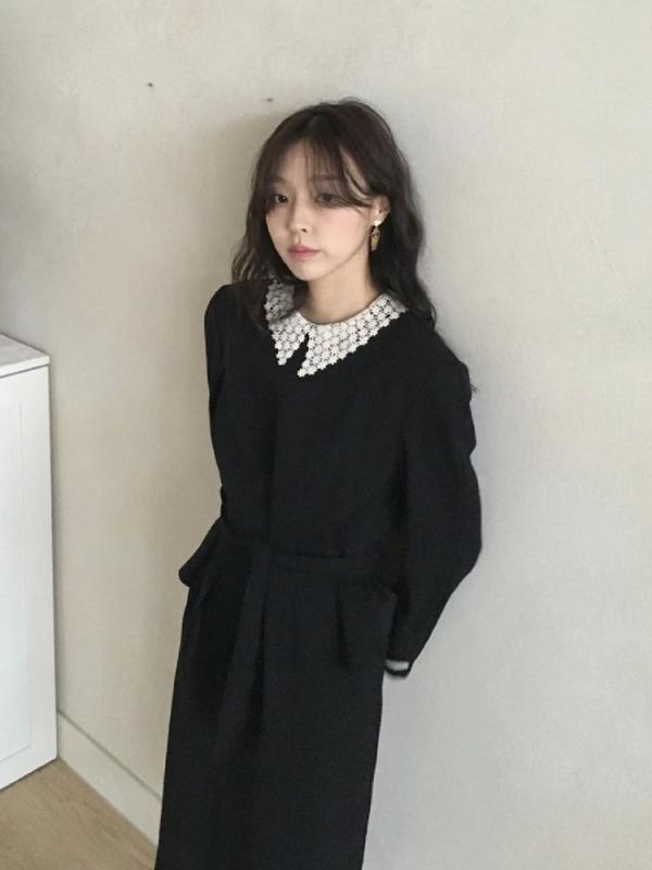 ワンピース レディース 春 長袖 韓国 膝下丈 襟付き 黒 ブラック 切り替え デイジー柄 高見え 高見え ポリエステル オルチャン|オレンジアイランド