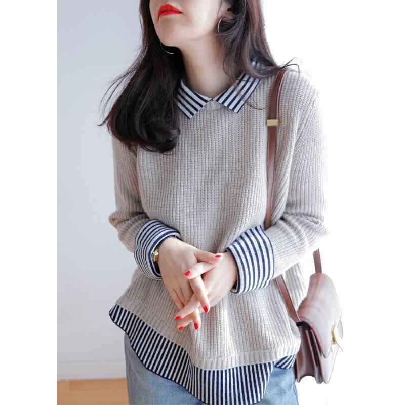 ティーシャツ レディース 春夏 フェイクレイヤード 重ね着風 編み物 トップス ティーシャツ襟 ポロ襟 カットソー ティーシャツ 長袖 ゆったり 好いたらしいめ 雅びやか 心地好い