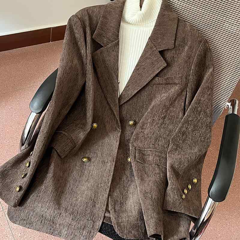 上衣 レディース 馬鹿でかい大いさ 足し加える大いさ ダブル名取り草 テーラードジャケット 赤銅色 シェニール 真っただ中丈 長袖 ゆったり 細押し出し 雅びやか 事務室 通い 着回し 日月