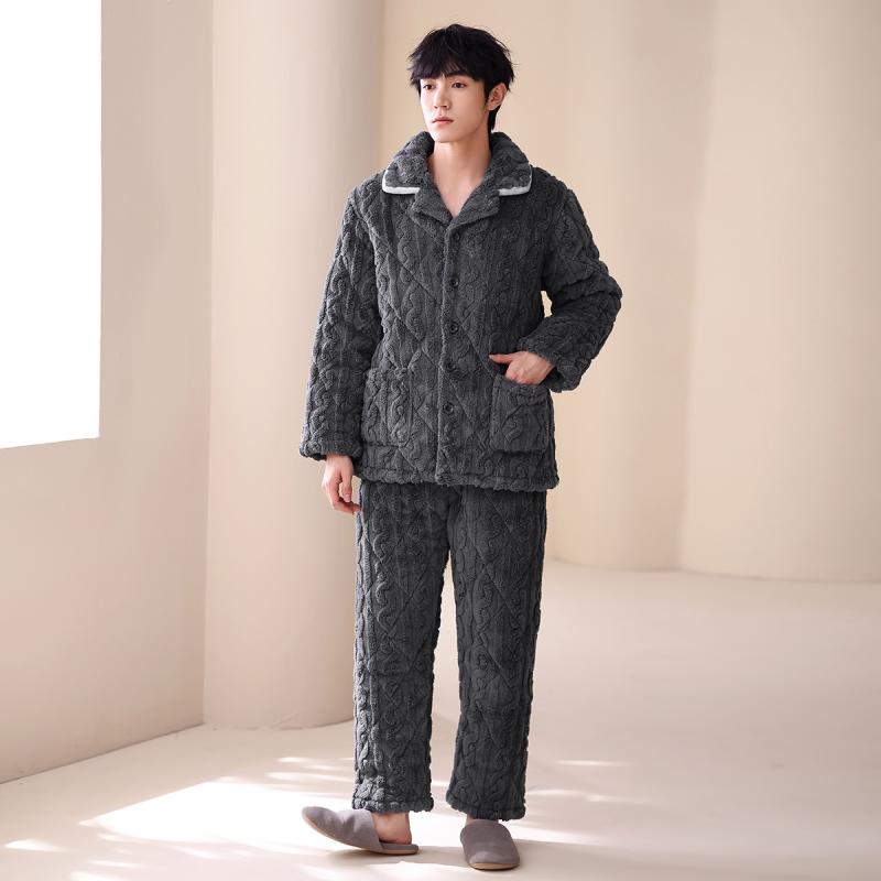 パジャマ メンズ 成人男性用 秋冬 極厚 両面ジャかばい立て織り フリース 三層中綿 キルティング サンゴフリース お座敷御召しもの お座敷着 上下書き割り 保温 好いたらしい あったか 防寒 薄墨色 ワンマイルウェア