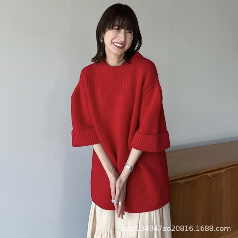 編み物 レディース 毛糸 スウェーター 肋材編み トップス カットソー ラウンドのど首 七分袖 落っこちる肩部 ゆったり 無地 赤 カーキ緑であること