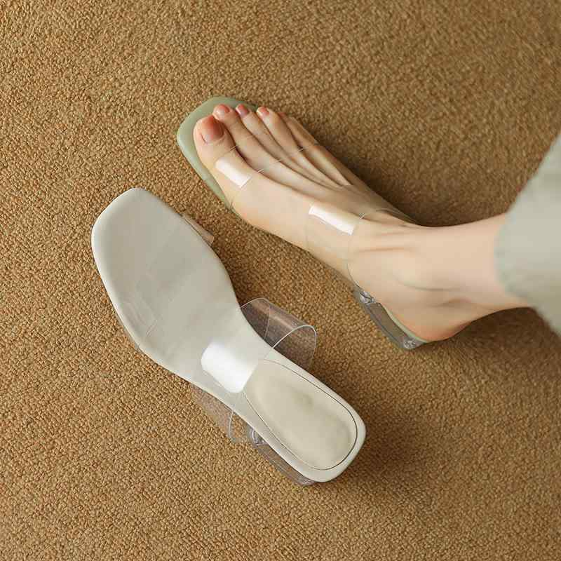 サンダル レディース 澄み切った PVC ミュール チャンキーヒール 歩き分かりやすい 履き分かりやすい スクエアトゥ 女子らしい 会う約束 お出かけ 旅する 春夏