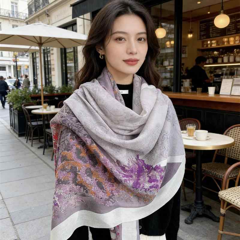 えり巻き レディース 肩かけ 袈裟 秋冬 羊毛 生あたたかい 防寒 あったか 200cm×100珊 花柄 紫