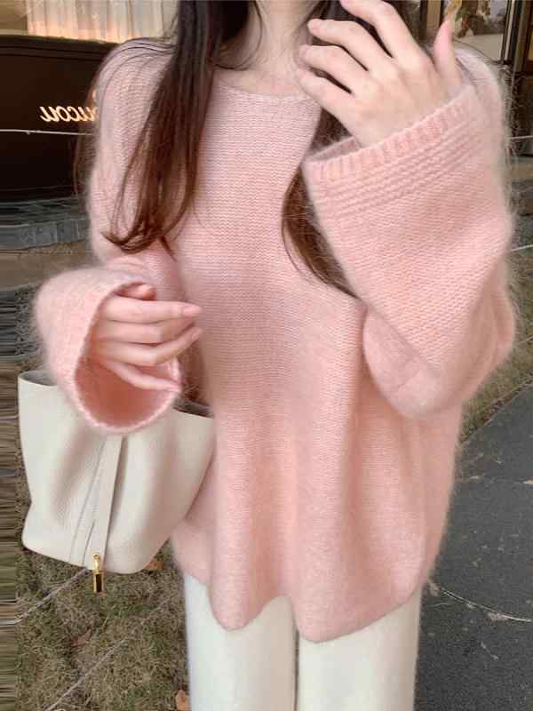 編み物 レディース AB糸 ゆったり パステル色の モヘヤ 春 パステル色の色 ラウンドのど首 ティーシャツ 肋材