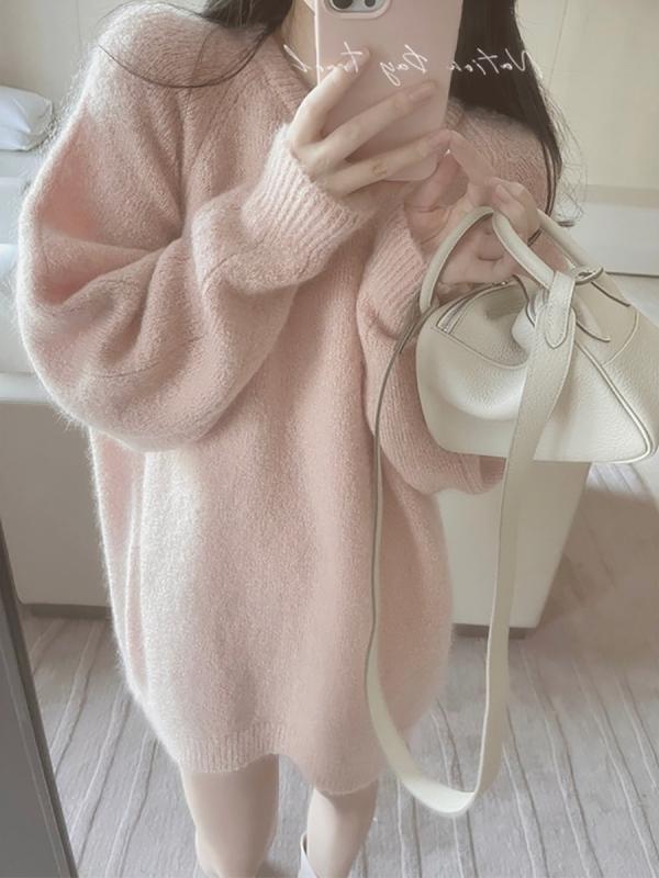 編み物・プルオーバー レディース 丸首 長袖 ティーシャツ ゆったり 表着丈 羊毛混紡 秋冬 当たること冷感 愛くるしい ふわふわ もこもこ 象牙色 さくら色系