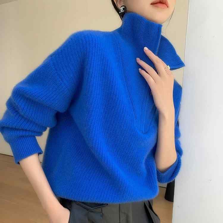 編み物 レディース 二分の一のど首 朦々たる タートルネック スウェーター ゆったり 秋冬 ジップ ティーシャツ トップス 羊毛95%以上 読みもの レトロ 米白 紫絨色 クラインブルー 緑であること 黒いこと カーキ