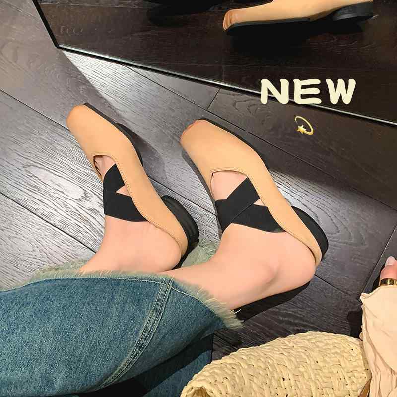 サンダル レディース バレーシューズ風 革 はりつけ台落とし穴 置き目踵 太踵 チャンキーヒール スクエアトゥ レトロ 愛くるしい 歩き分かりやすい 杏色 黒