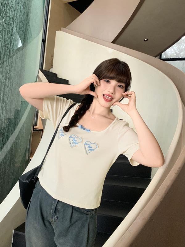 ティーシャツ レディース 大層らしい大きさ 刺しゅう 半袖 カットソー 綿織物 パール ハート型 刺・墸 か細い トップス 黒いこと さくら色系 春夏