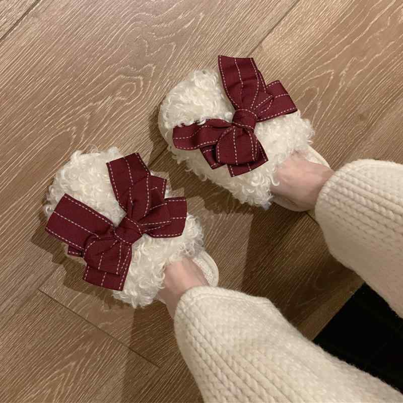 お部屋シューズ レディース 愛くるしげ リボン結び 家庭用スリッパ 冬 あったか 木目細か 室内 履き ふわふわ もこもこ 冷ややかさ打つ手 上滑り打ち切り サクラ色系 黒いこと 白いこと 薄墨色