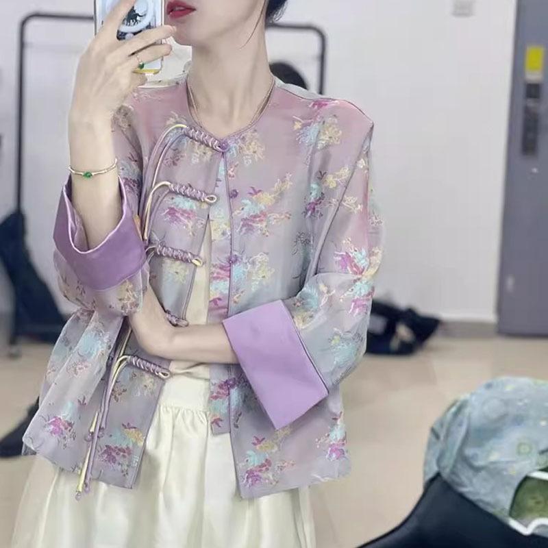 上衣 レディース 唐装風 紫色 アウター スプリングコート 瀬戸もの御召しもの風 トップス M L XL 2XL 3XL 草木 花柄 ポロ襟 長袖