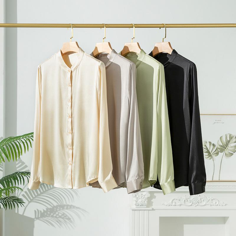 プルオーバー レディース 歳月 真 silk  繻子 長袖 トップ 表着 襟なし ゆったり 象牙色 薄墨色 緑であること 黒いこと 三鞭酒 米国海軍