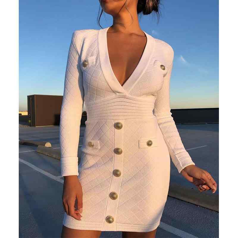 ニットワンピース レディース Vネック 長袖 タイトスカート 白 欧美風 INS ?? 飾り 通勤 オフィス カジュアル きれいめ 春秋｜オレンジアイランド