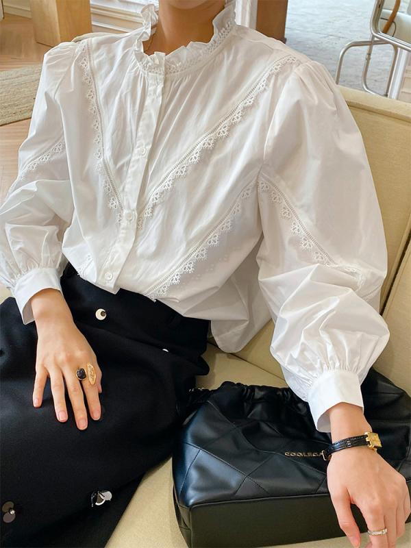 プルオーバー レディース 長袖 花柄 綿織物 スピード競技 うつり変わり 襟 トップス トップ 事務室 心地よい フォーマル 白 黒 歳月