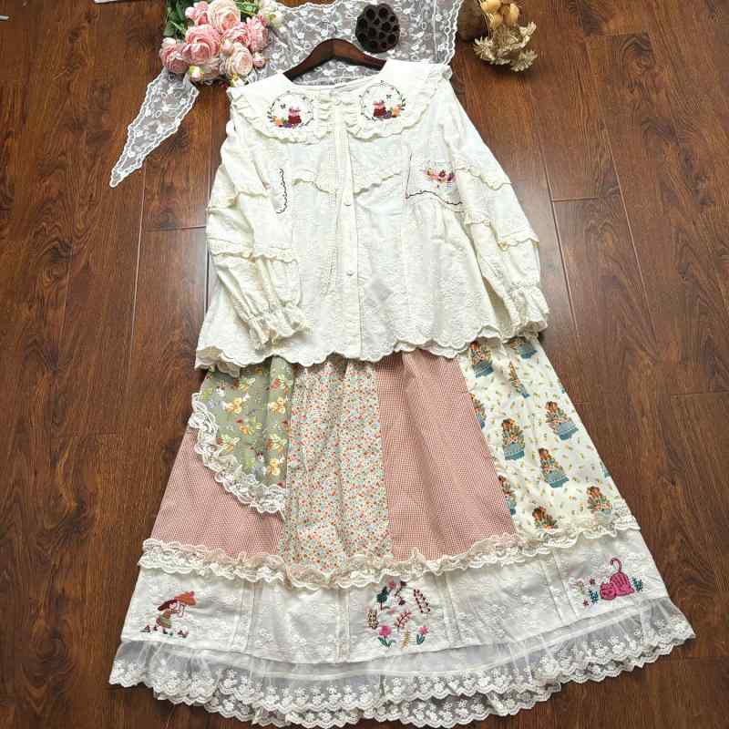 プルオーバー レディース 春夏 スピード競技 花柄 襟付き添い人 刺しゅう トップス 表着 森お嬢さん パッチワーク スコート 花柄スコート 綿 ギャザー ゆったり 愛くるしい ガーリー
