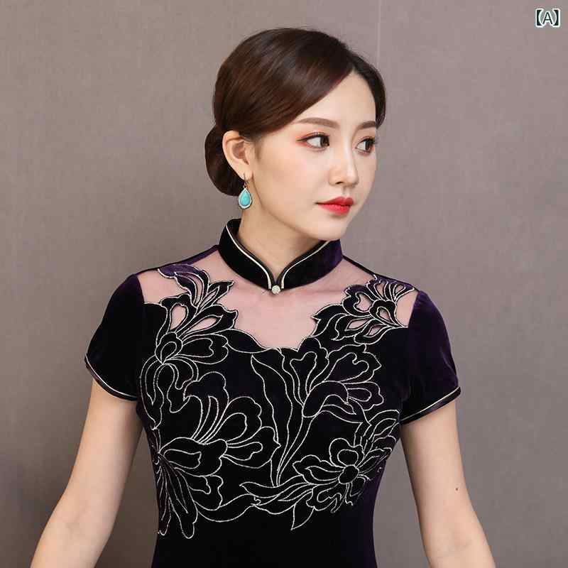 衣装 レディース 天鵝絨 ロング 瀬戸ものお召しもの レトロ か細い 中国風 深紫色 膝下丈 パフ捩り 雅びやか 告げ知らせる会 でき事 フォーマル 寄りあい