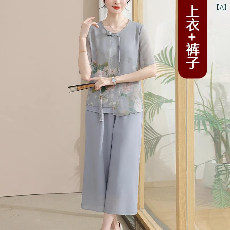 セットアップ レディース 亭主もち 夏服 半袖トップ シフォン 今めかしい 雅びやか 花柄 トップス