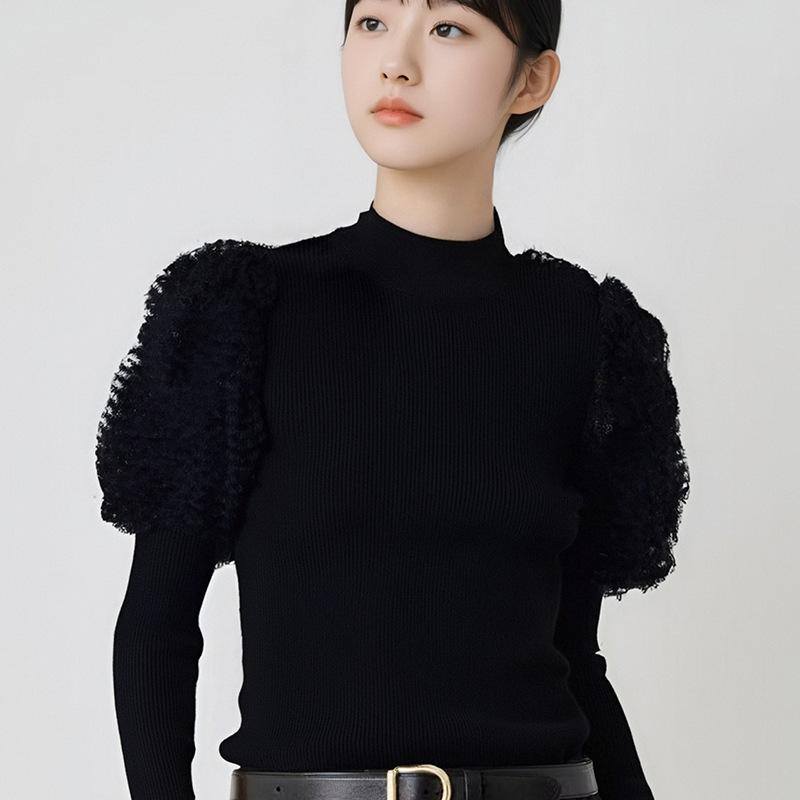 編み物 レディース 年月 長袖 韓国 パフ捩り トップス カットソー 無地 愛くるしげ 女子らしい デイリー 普段使い走り 黒いこと
