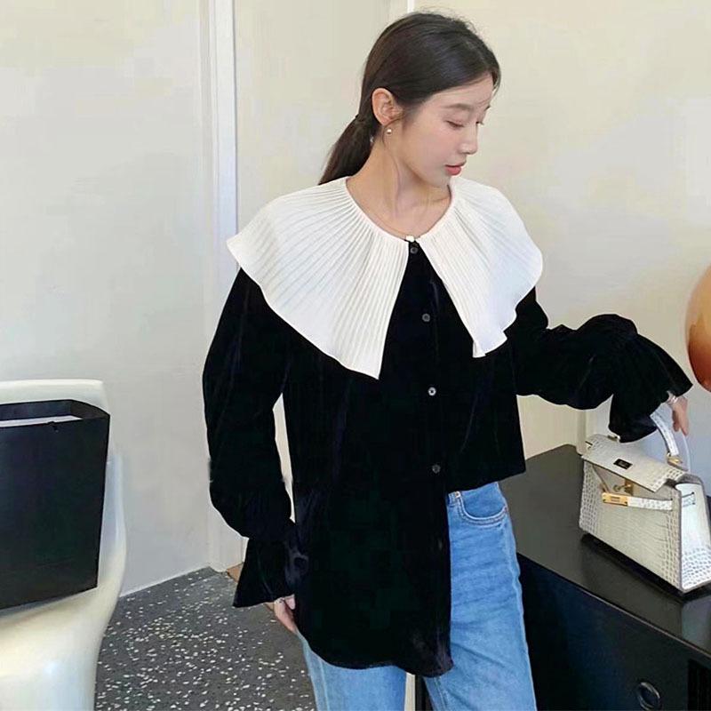 プルオーバー レディース 娃娃襟 姫系 襟付き添い人 トップ 天鵝絨 長袖 トップス ゆったり 無地 愛くるしい 甘め 黒いこと 珈琲色