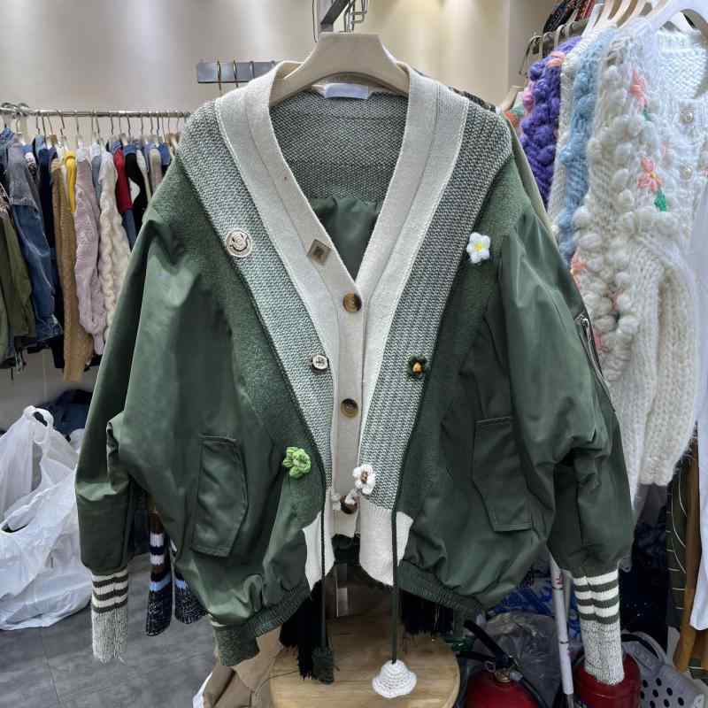 上衣 レディース 年月 韓国 色彩設計 うつり変わり 編み物 ベイスボール服 前掛け 上衣 ゆったり Vのど首 心地よい 普段使い走り 長袖 ポリエステル お部屋着