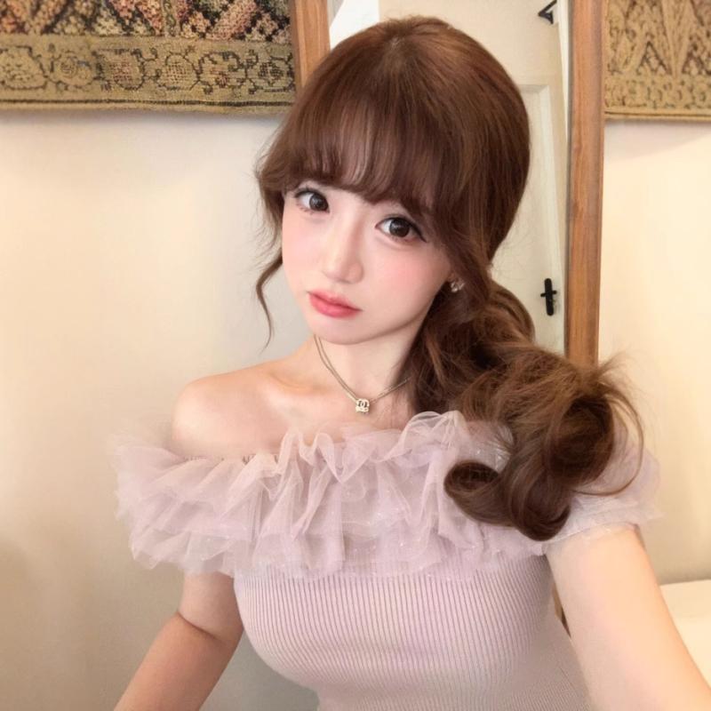 編み物 レディース 春 一字襟 肩出し チュール うつり変わり ポリエステル衣料繊維 妃殿下袖 黒 サクラ色系 紺 無償性大きさ 名媛風 好いたらしいめ