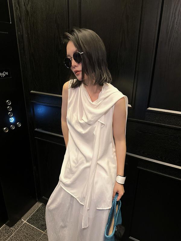 プルオーバー レディース ノースリーブ 表着 トップス ゆったり 当たること冷感 生まれ変わり衣料繊維 挙げ句の果て感 ドレープ 白いこと系 赤銅色系