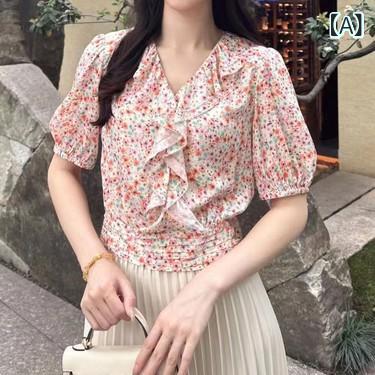 プルオーバー レディース 高身たけ Vのど首 小花柄 半袖 トップ トップス 女子らしい ガーリー 愛くるしげ 粘着力衣料繊維 サクラ色系