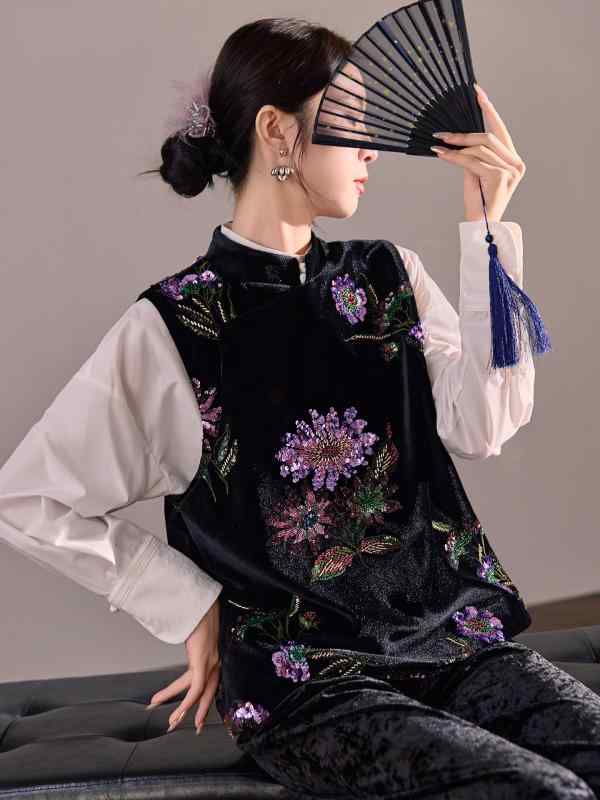 より良い レディース S M L 黒いこと 瀬戸もの風 読みもの返り咲き ポリエステル 刺・墸 スパンコール 立襟 オリエンタル今めかしい 草木 花柄 秋冬 レトロ 重ね着 アウター