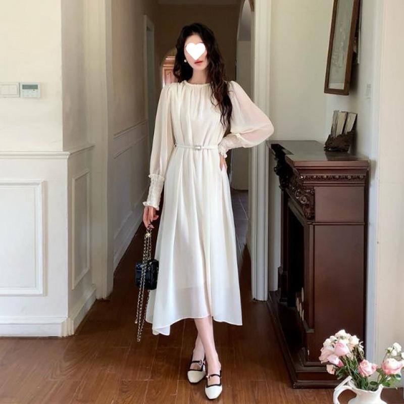 衣裳 レディース 春 長袖 シフォン 妖精裙 妖精表現スタイル ロング衣裳 うつり変わり ポロのど首 雅びやか 通い 無地 杏色 黒