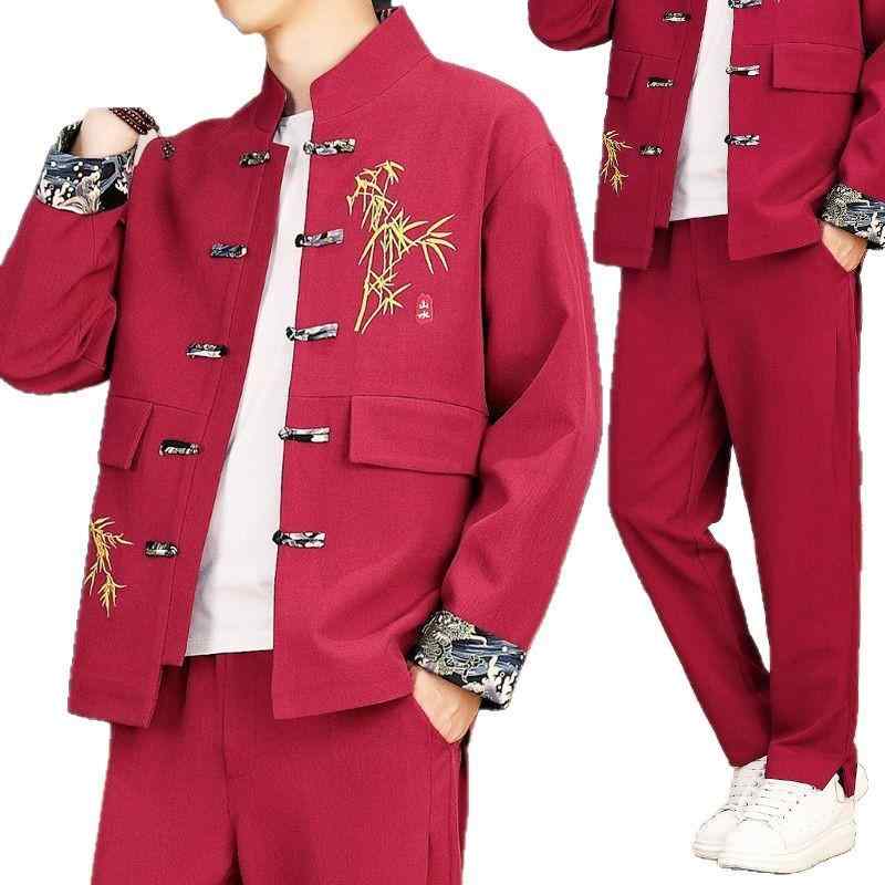 メンズ 瀬戸もの風 セットアップ 成人男性用 唐装 上下書き割り コール天 上衣 ズボン下 秋冬 黒いこと 白いこと 薄墨色 ぶどう酒赤いこと サクラ色 中華風 普段使い