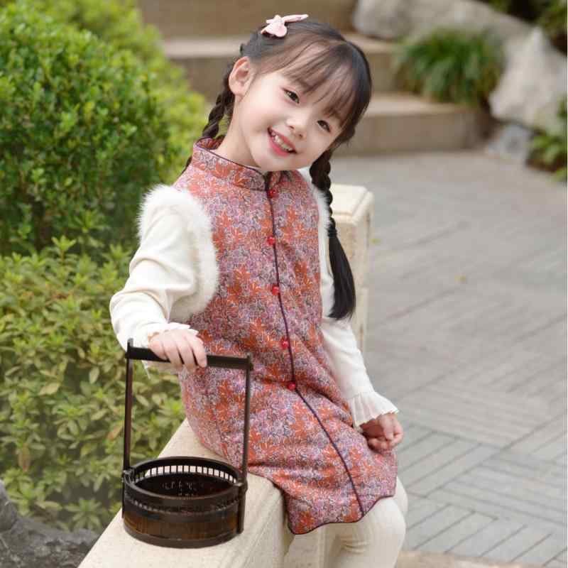 ワンピース キッズ 秋冬 背心ワンピース 中小童 女の子 チャイナドレス コットン 花柄 朱色 喜慶 80cm 90cm 100cm 110cm 120cm 130cm 140cm 150cm|オレンジアイランド