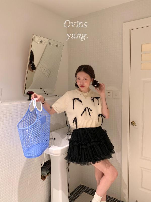 編み物 レディース 歳月 ニットトップス つがい結び 愛くるしい ガーリー 女子らしい ゆったり ポリエステル ラウンドのど首 パフ衣袂 半袖 ティーシャツ 青碧