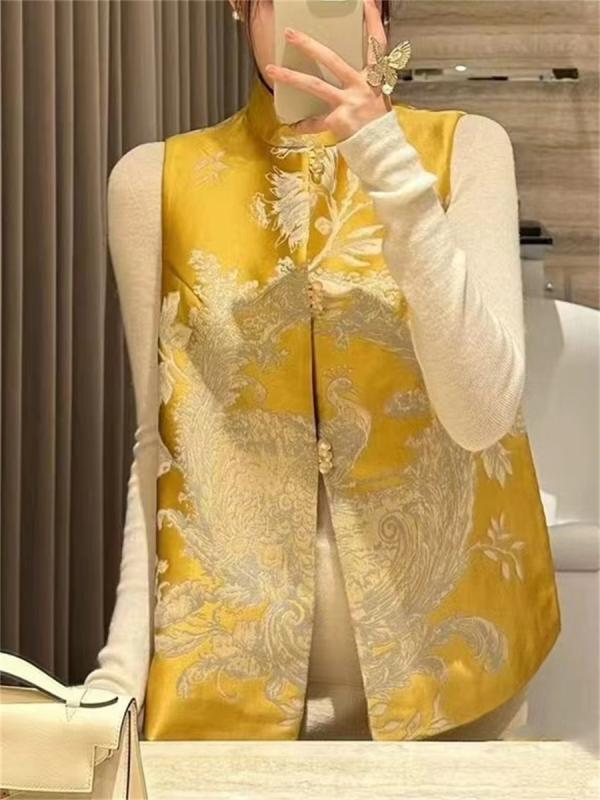 より良い レディース 唐装 瀬戸もの表現スタイル 提花 絹  レトロ 読みもの返り咲き ポリエステル 黄味がかった 黄色 サクラ色 S M L ゆったり