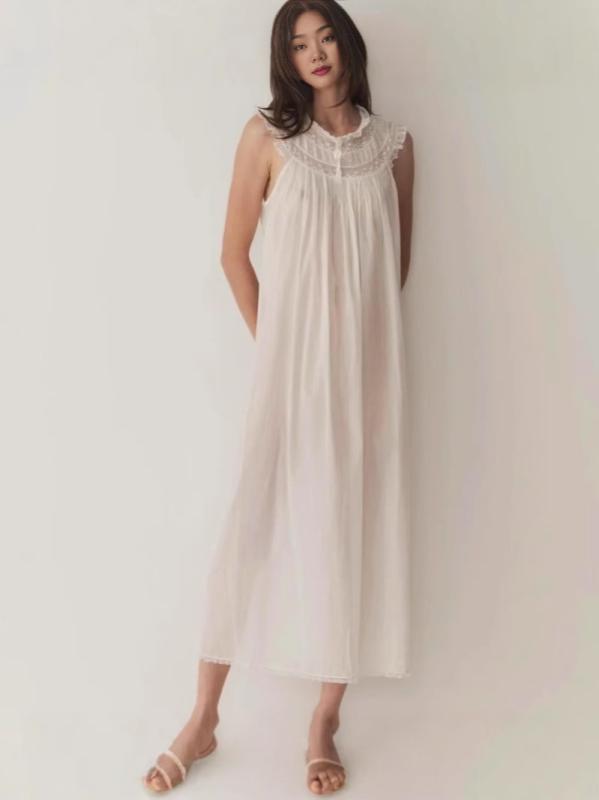 ワンピース 女性用 夏 白 綿 素材 Aライン ロング丈 立襟 無袖 レース 花辺 切り替え セットアップ 風 リゾート スタイル かわいい 私服 トップス スカート 組み合わせ 軽量 ゆったり フィット 日常使い デート 旅行 コーディネー|オレンジアイランド