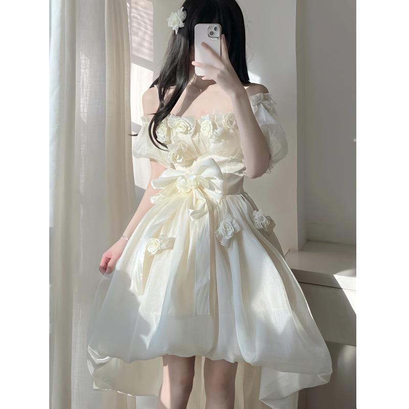 ワンピース 吊り帯 夏 レディース かわいい 立体 花柄 ミドル丈 プリンセスカート 吊り帯 プリンセス袖 短袖 中腰 街頭風 セットアップ 袖カバー スカートサポート 花 プリント 明線 装飾 色 ジッパー セット 単品 ミッド スカート|オレンジアイランド