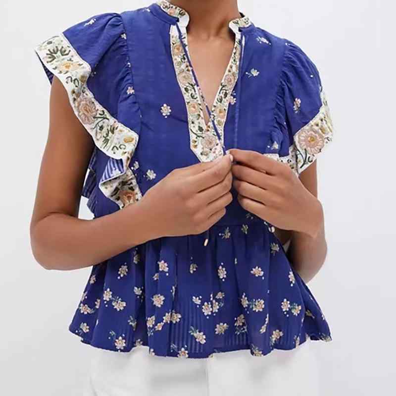 シャツ 女性用 夏 ブルー Vネック 荷葉袖 ウッドイヤーカラー 刺繍 花柄 植物柄 立体 切り替え セットイン 綿混 微弾性 復古風 軽量 通勤 普段使い トップス ブラウス カットソー|オレンジアイランド
