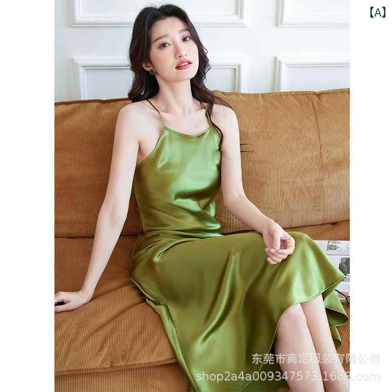 ワンピース レディース 吊り紐 ハルネック ミッドレングス シルキー アセテート繊維 中腰 紐 無袖 セクシー 私服 香草緑 桜花粉 水蜜桃橙 春 単品｜オレンジアイランド