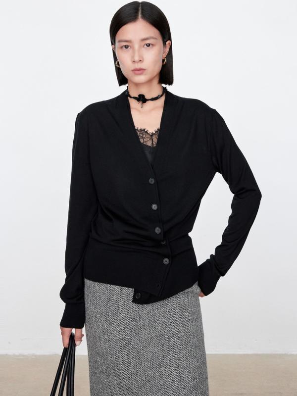 カーディガン レディース 羊毛 開き 長袖 中厚 ダブルカラー 不対称 スタイル ツイスト プリーツ 通勤 風 黒 灰 ブラウン シンプル ラグジュアリー 柔らかい トップス 女性用 ニット ボタン 単排 95% 以上 クラシック ｜オレンジアイランド 11,600円