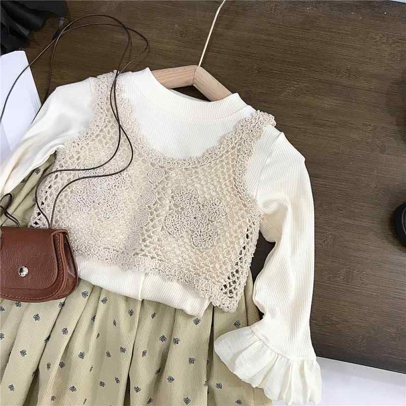 女の子 トップス 秋冬 セット レイヤード レース キャミソール 長袖 トップス コットン 素材 花柄 プリント 柔らかい 生地 普通厚 木耳エッジ 半身スカート 灯芯? スカート 森ガール スタイル かわいい 子供服 女の子 3-8歳 90-140cm (x150)|オレンジアイランド