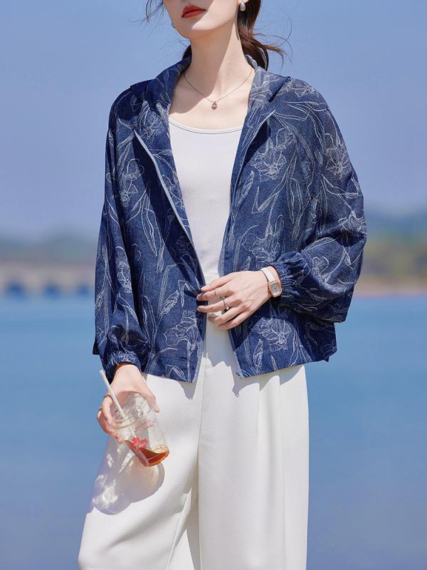 レディース 真絲 防晒 トップス 春夏 牛仔ブルー 連帽 プリント ワイドシルエット ロングスリーブ ジッパー 桑蚕絲 上衣 通勤風 軽量 吸湿速乾 切り替え 外套 ジャケット コート ブラウス シャツ 普段使い 部屋着 伸縮性 中厚 普｜オレンジアイランド