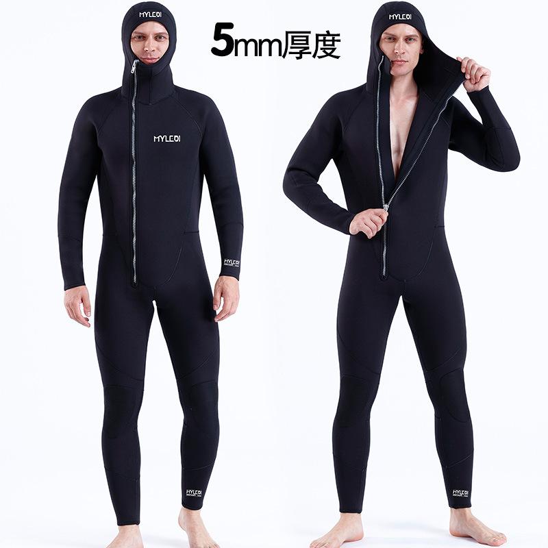 メンズ ウェットスーツ 長袖 長ズボン 全身一体型 フード付き 5mm 加厚 保暖 潜水 スイム サーフィン 通年 伸縮性 色 防水 耐久 黒 グレー 成人用 水中スポーツ 軽量 フィット感｜オレンジアイランド