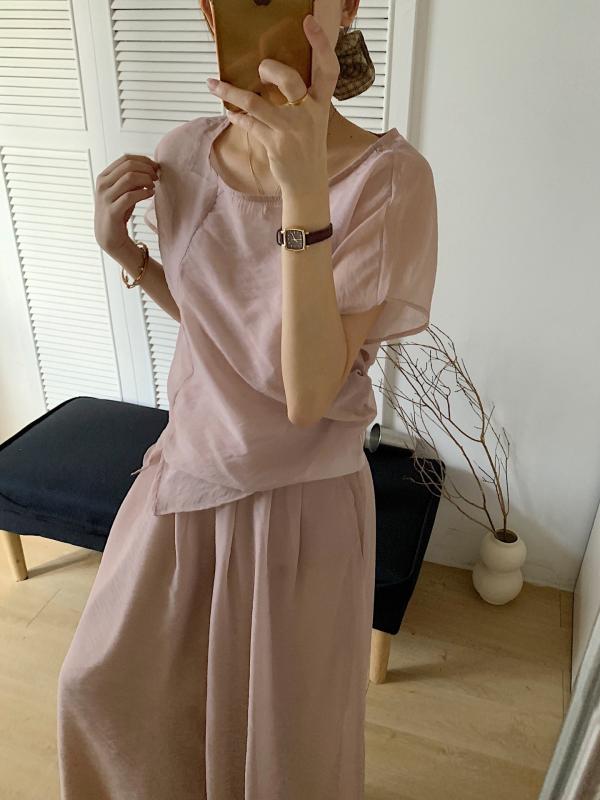 レディース セットアップ トップス 吊帯 ワイドパンツ ガウン風 プレーツ加工 ?? ポリエステル 素材 ピンク 杏色 緑 粉系 ベージュ系 爽やか 色合い 夏 春夏 季節 通勤 スタイル 優雅 気品 女性 服 3点セット 長ズボン 半袖 3分袖 |オレンジアイランド