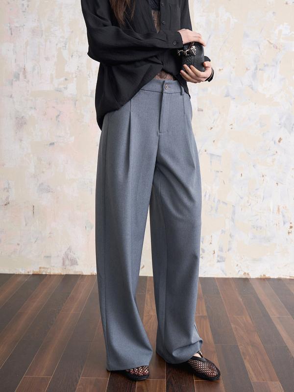 レディース 西装パンツ 高腰 ワイドレッグ ロング丈 スーツパンツ 通勤 ゆったり シルエット ポリエステル 微弾力 切り替え ポケット 春季 白 黒 灰｜オレンジアイランド