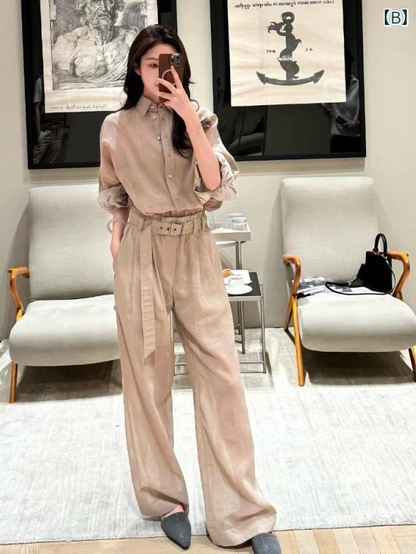 レディース 七分袖 トップス ロングパンツ セットアップ 杏色 ?? 素材 通勤 スタイル 3D プリント 効果 ドゥルーズ加工 プレスフラワー 加工 夏 春夏 季節 女性 服 セット 女性用 オフィス 普段使い 軽量 伸縮性 素材 ビッグシルエッ|オレンジアイランド