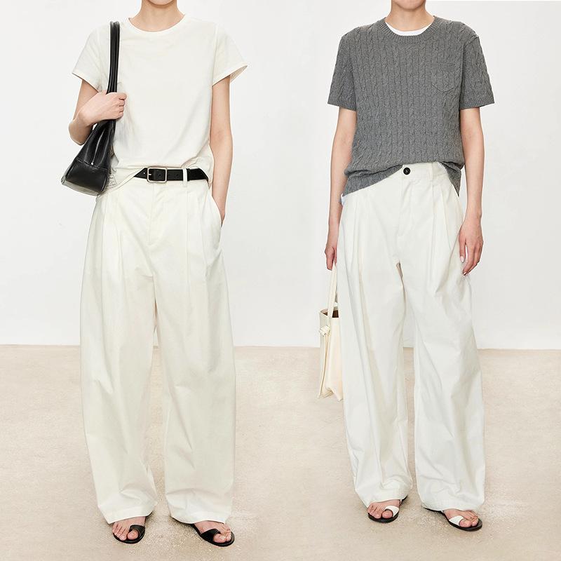 レディース ワイドパンツ 春夏 コットン ポリエステル 高腰 薄手 微弾性 通勤 スタイル 口袋 白 基本 款 長丈 休? 時髦 感|オレンジアイランド